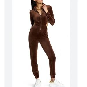 JUICY COUTURE Bling Cutout Long Sleeve Velour Jumpsuit Brown Sugar XS
